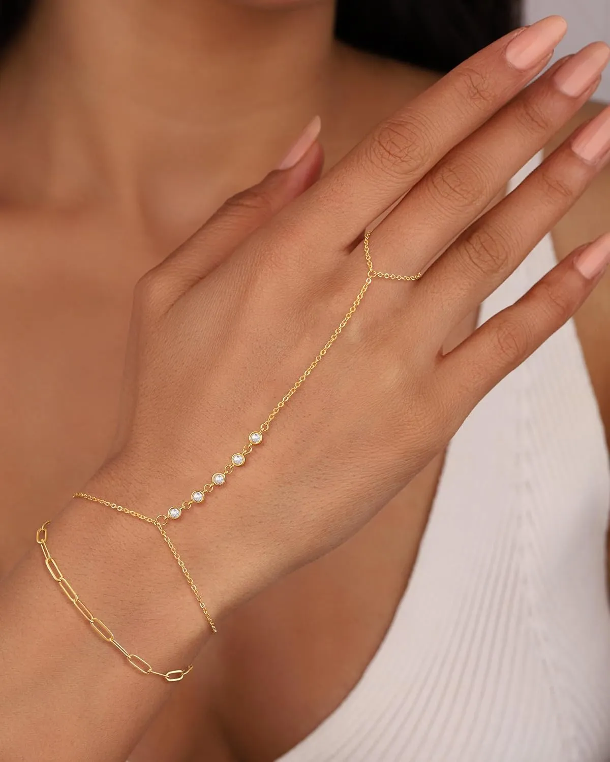 CHESKY 2Pcs Hand Chain Bracelet for Women, Dainty 14k Gold Plated Ring Bracelets Hand Chain Non Tarnish Simple Cuff Evil Eye CZ Bracelets Adjustable Nail Bracelet Gold Hand Jewelry for Women