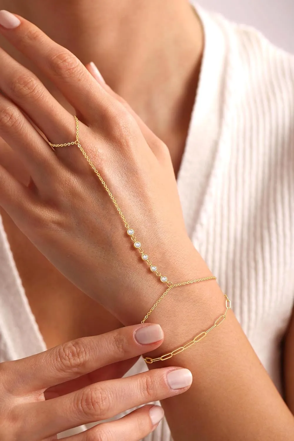 CHESKY 2Pcs Hand Chain Bracelet for Women, Dainty 14k Gold Plated Ring Bracelets Hand Chain Non Tarnish Simple Cuff Evil Eye CZ Bracelets Adjustable Nail Bracelet Gold Hand Jewelry for Women