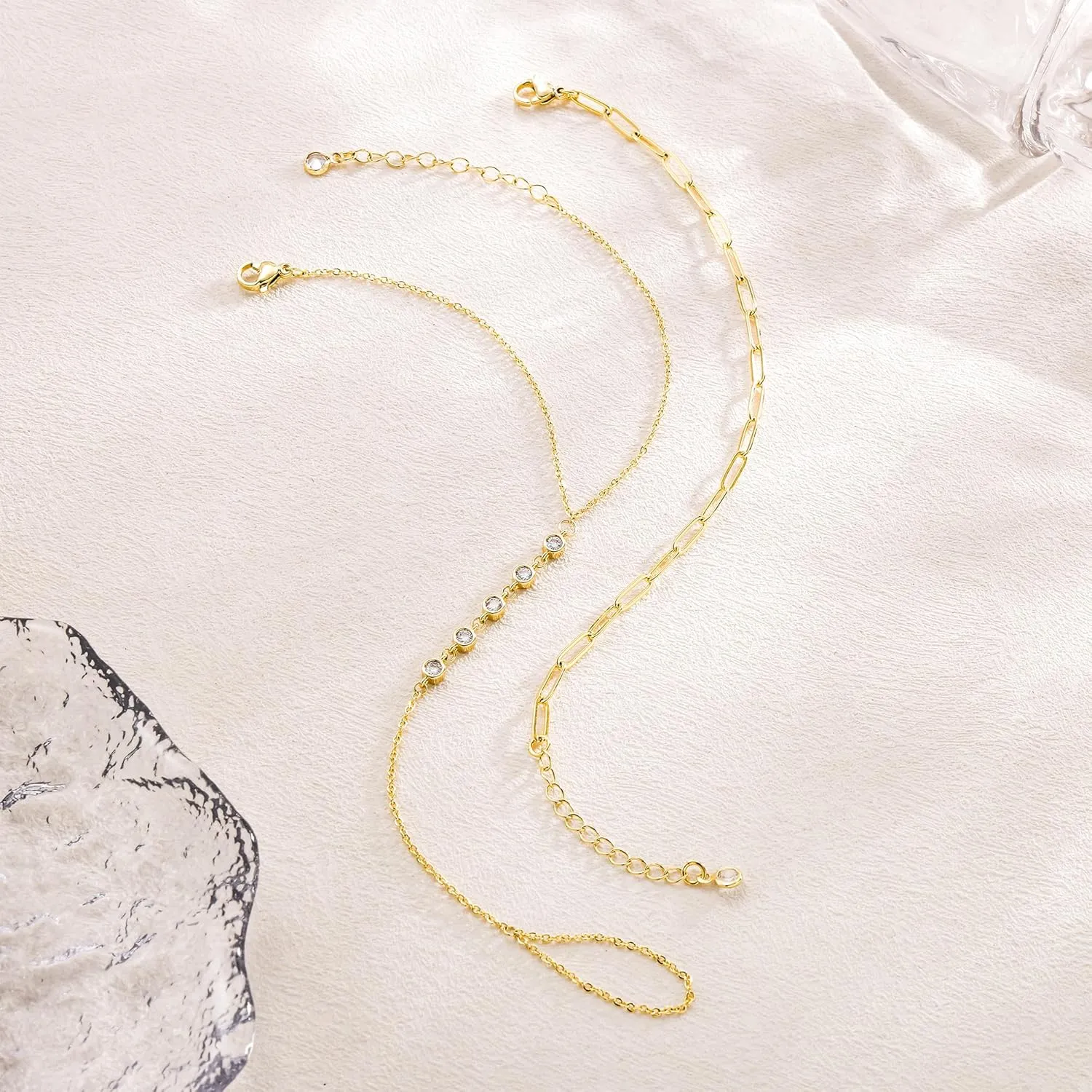 CHESKY 2Pcs Hand Chain Bracelet for Women, Dainty 14k Gold Plated Ring Bracelets Hand Chain Non Tarnish Simple Cuff Evil Eye CZ Bracelets Adjustable Nail Bracelet Gold Hand Jewelry for Women