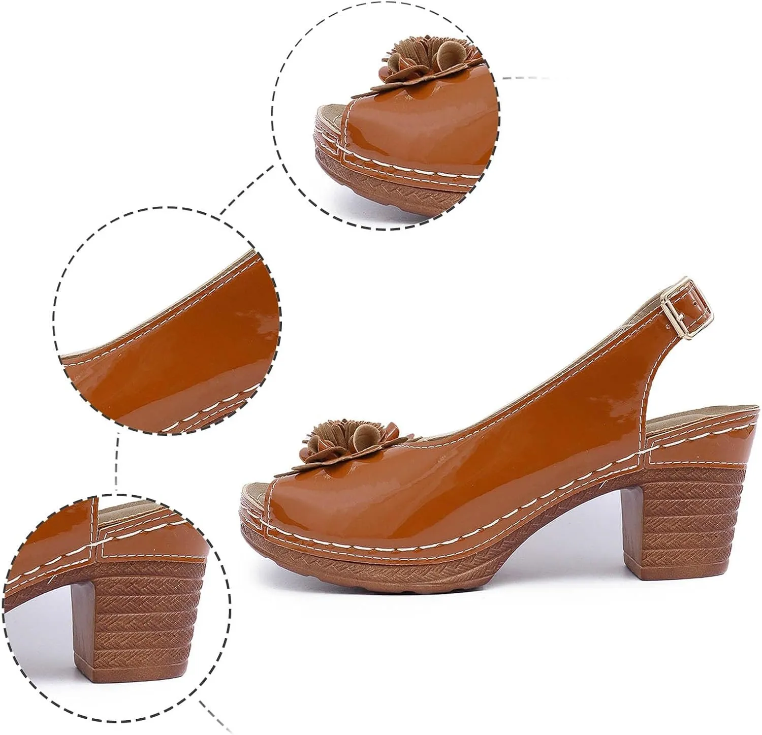 Chunky Sandals for Women 2025 Square Peep Toe Mule Sandals Adjustable Ankle Strap Buckle Shoes 3D Flowers Leather Vamp Bohemian Sandal Non-Slip Rubber Sole Travel Vacation Beach Shoes