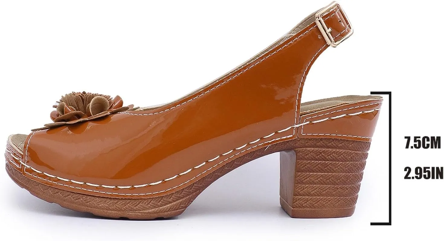 Chunky Sandals for Women 2025 Square Peep Toe Mule Sandals Adjustable Ankle Strap Buckle Shoes 3D Flowers Leather Vamp Bohemian Sandal Non-Slip Rubber Sole Travel Vacation Beach Shoes
