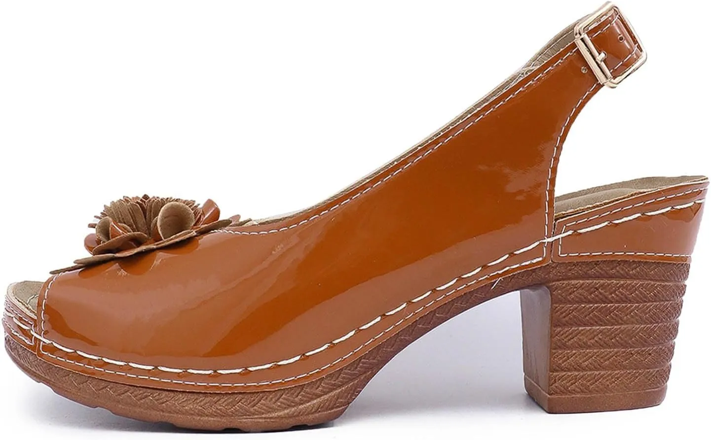 Chunky Sandals for Women 2025 Square Peep Toe Mule Sandals Adjustable Ankle Strap Buckle Shoes 3D Flowers Leather Vamp Bohemian Sandal Non-Slip Rubber Sole Travel Vacation Beach Shoes