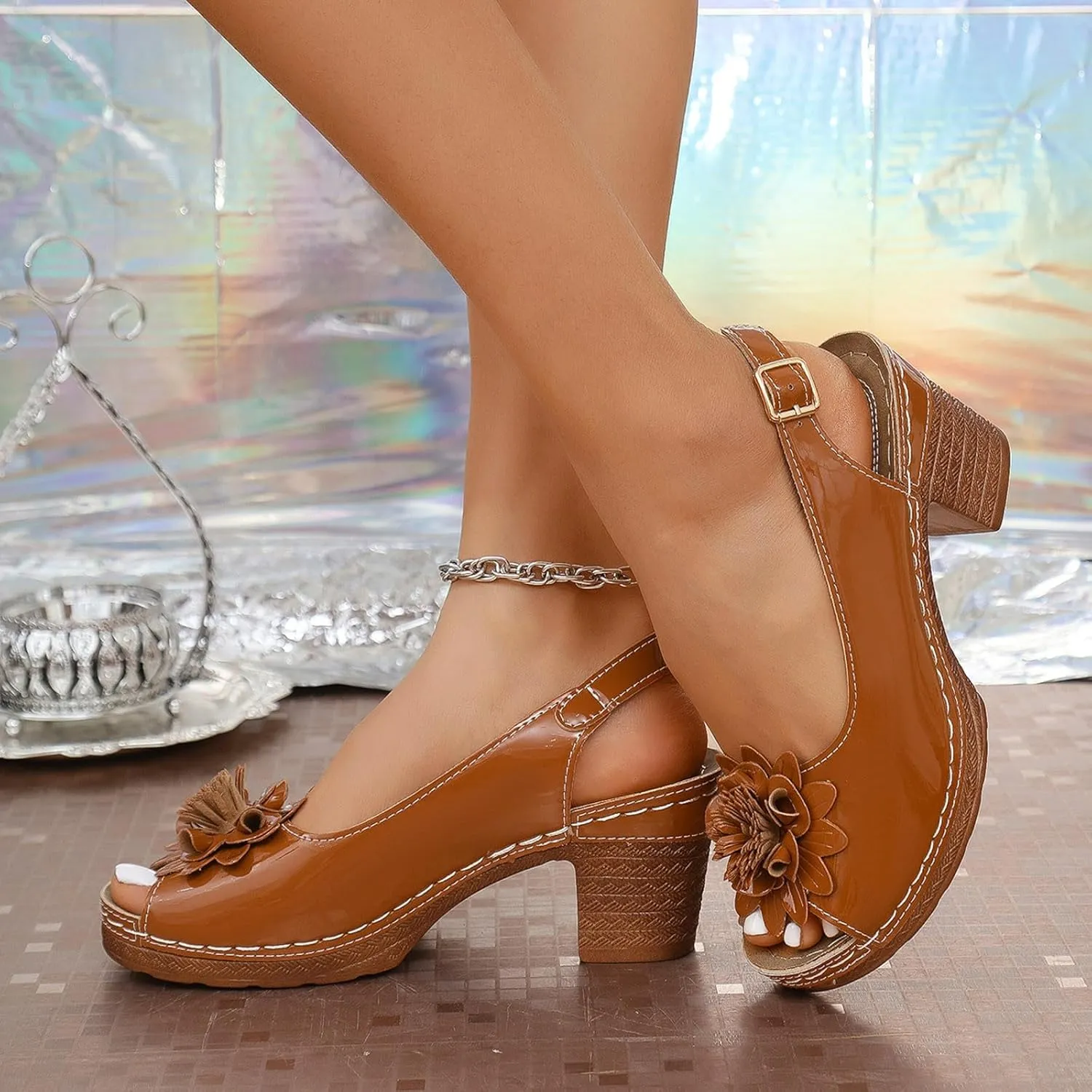 Chunky Sandals for Women 2025 Square Peep Toe Mule Sandals Adjustable Ankle Strap Buckle Shoes 3D Flowers Leather Vamp Bohemian Sandal Non-Slip Rubber Sole Travel Vacation Beach Shoes