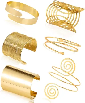 COLOYAN 6Pcs Gold Arm Cuff Set - Adjustable Minimalist Simple Coil Bangle Wide Wire Grooved Cuff Open Arm Band Bracelets for Women
