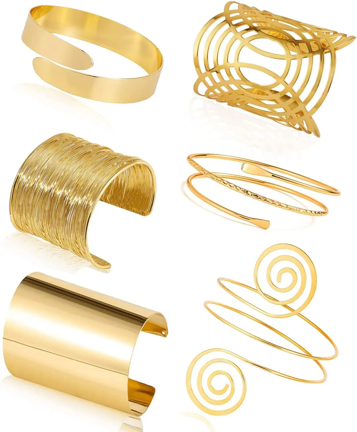COLOYAN 6Pcs Gold Arm Cuff Set - Adjustable Minimalist Simple Coil Bangle Wide Wire Grooved Cuff Open Arm Band Bracelets for Women