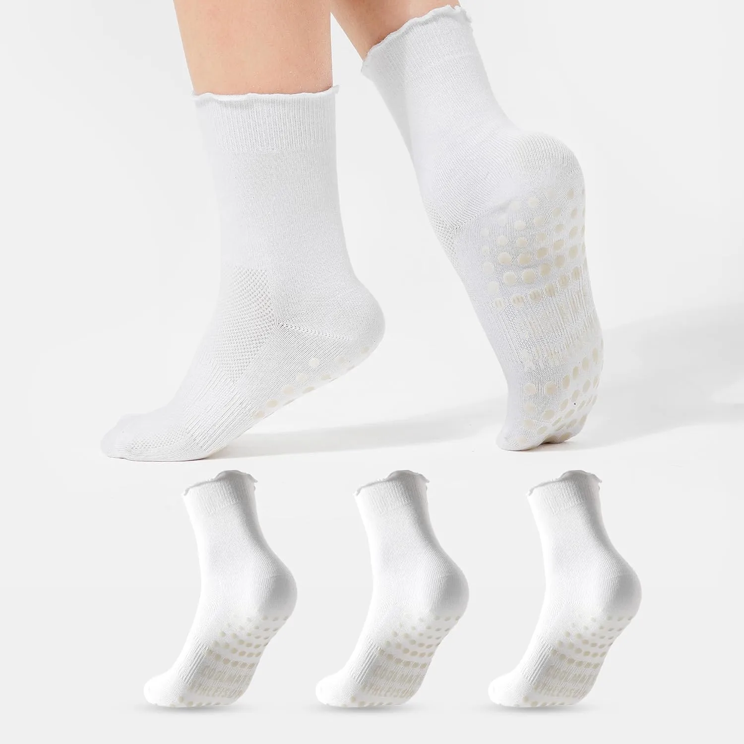 COOLMATE 3 Pairs Ruffle Pilates Socks with Grips for Women, Cute Non - Slip Crew Socks for Yoga, Barre, Lagree