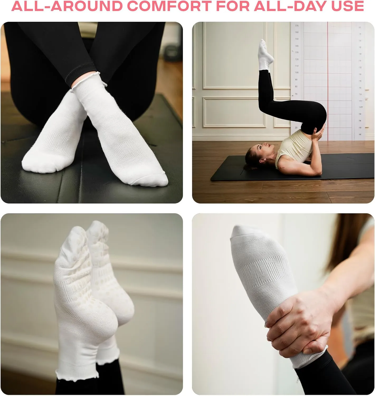 COOLMATE 3 Pairs Ruffle Pilates Socks with Grips for Women, Cute Non - Slip Crew Socks for Yoga, Barre, Lagree