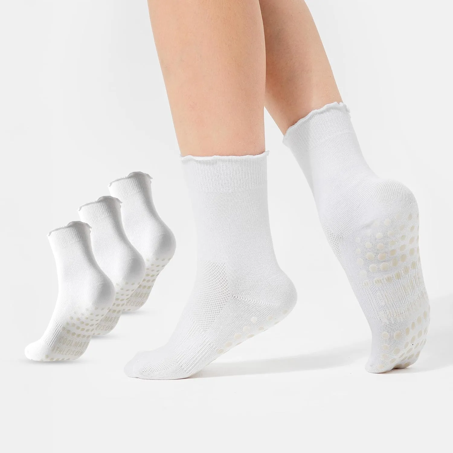 COOLMATE 3 Pairs Ruffle Pilates Socks with Grips for Women, Cute Non - Slip Crew Socks for Yoga, Barre, Lagree