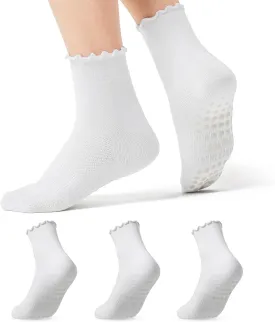 COOLMATE 3 Pairs Ruffle Pilates Socks with Grips for Women, Cute Non - Slip Crew Socks for Yoga, Barre, Lagree