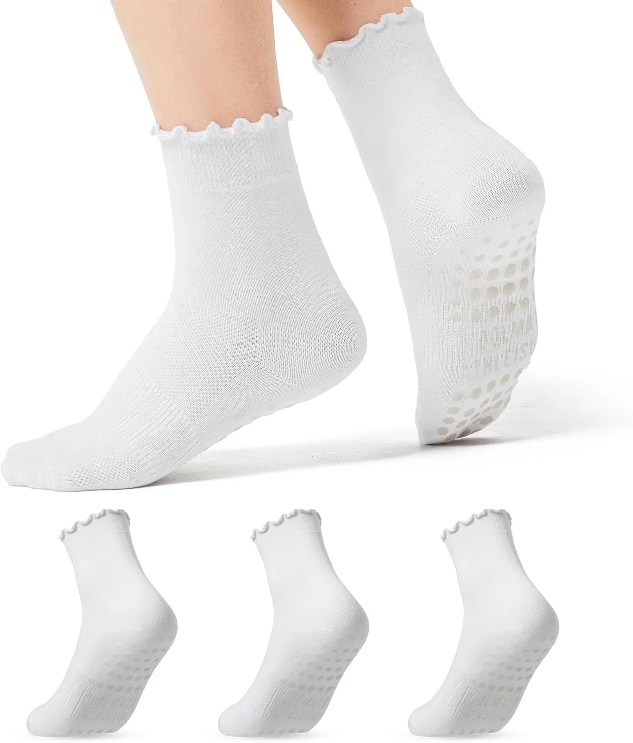 COOLMATE 3 Pairs Ruffle Pilates Socks with Grips for Women, Cute Non - Slip Crew Socks for Yoga, Barre, Lagree