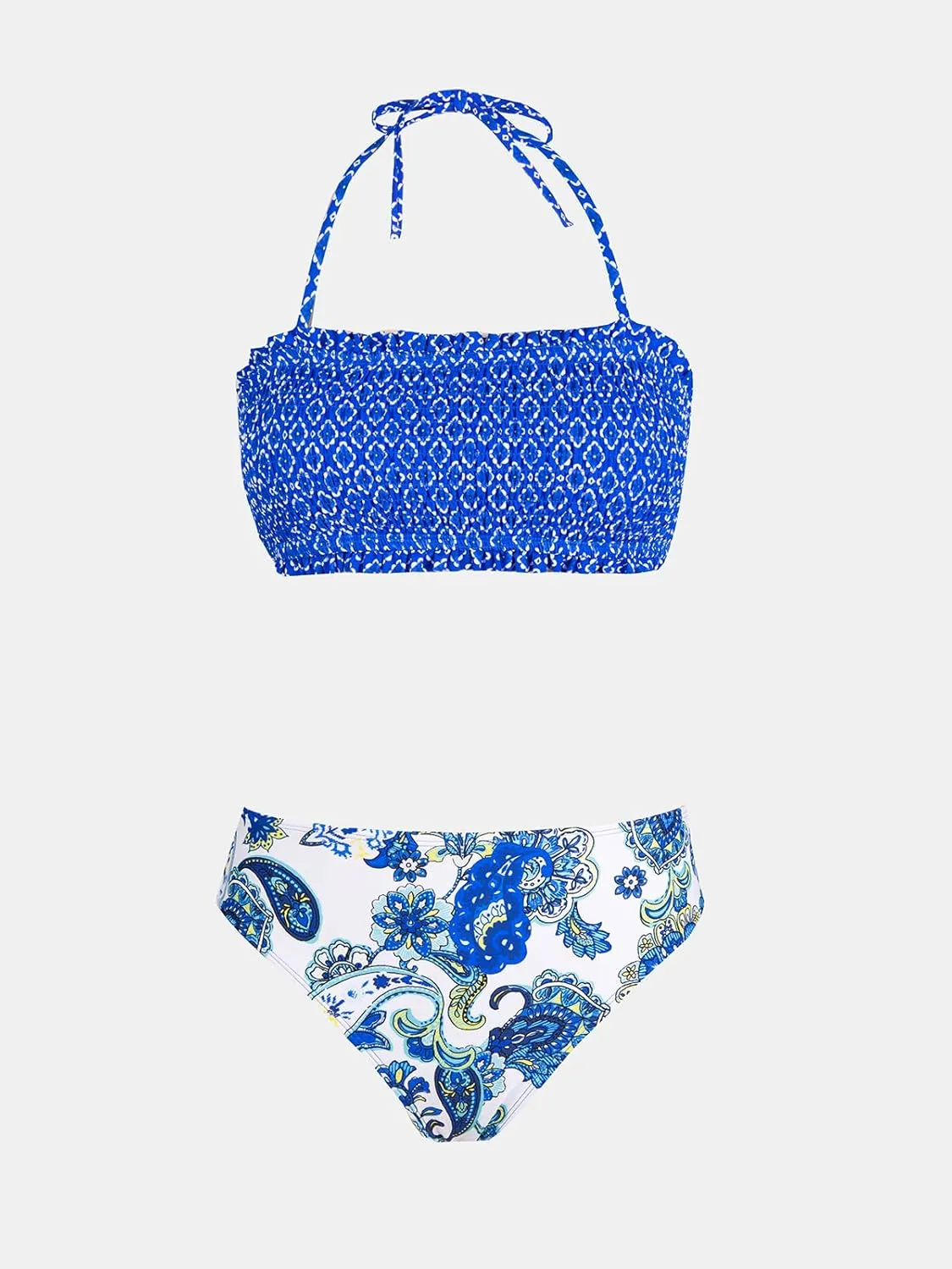 CUPSHE Bikini Set for Women Two Piece Swimsuit Bandeau Top Back Tie Mid Waisted Bottom with Removable Shoulder Straps