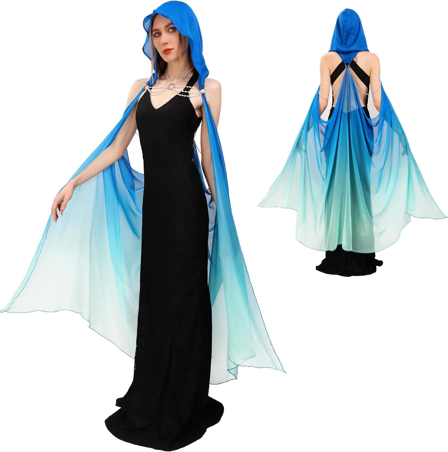 DAZCOS Women's Chiffon Fairy Hooded Cape Elf Sheer Cloak Tulle Bridal Off Shoudler Capelet