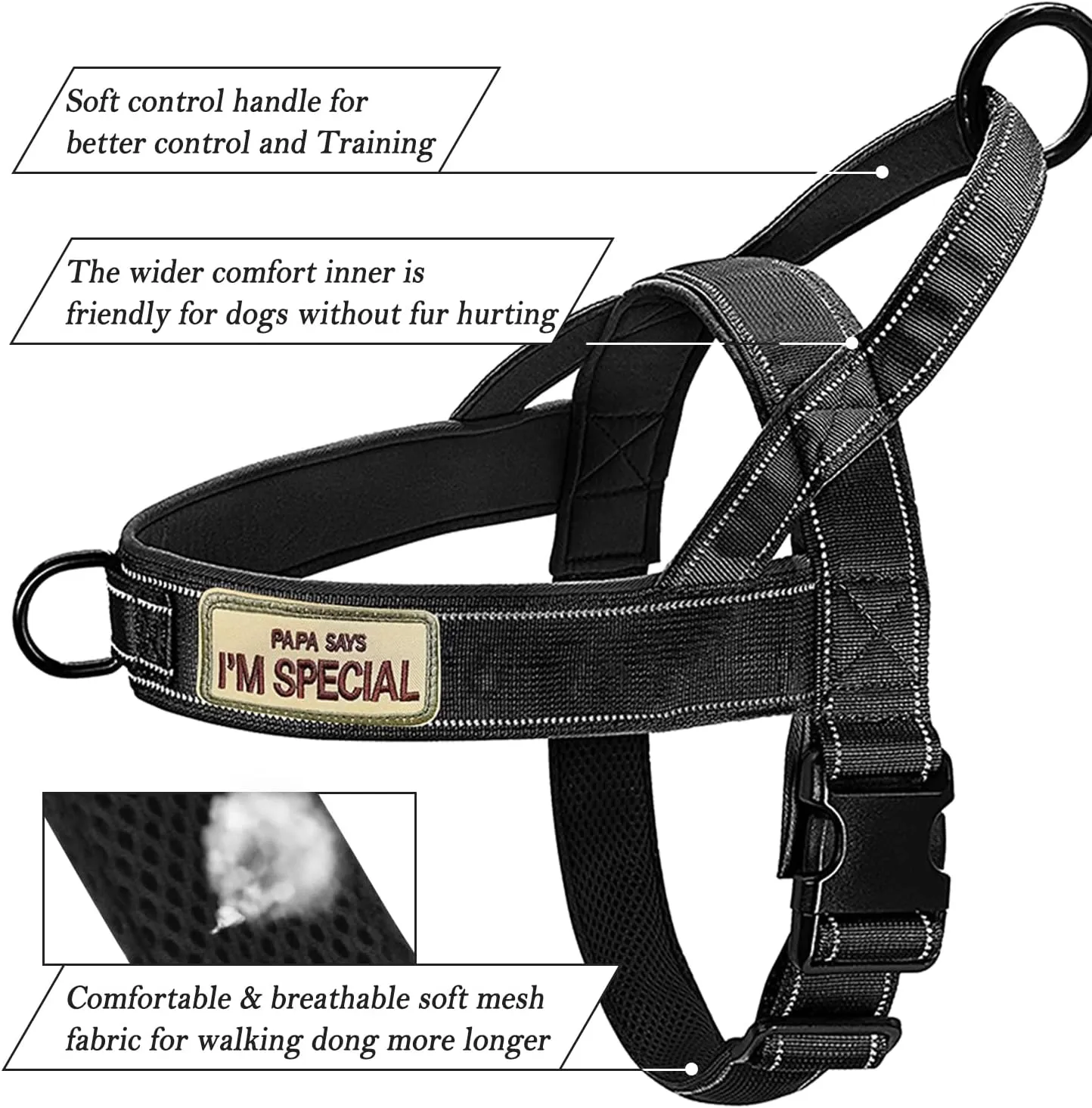 Dog Harness, No Pull Reflective Adjustable Harness for Medium Large Dogs, Escape Proof, Lightweight, Breathable, Oxford Nylon, 360 Chest Strap, Back Control Handle, Black M
