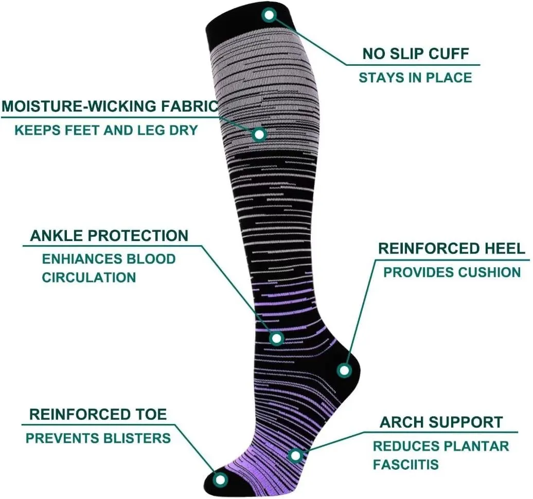 Double Couple 3 Pairs Compression Socks for Women Men 20-30mmhg Knee High Stocking for Sports Running Travel Nurses