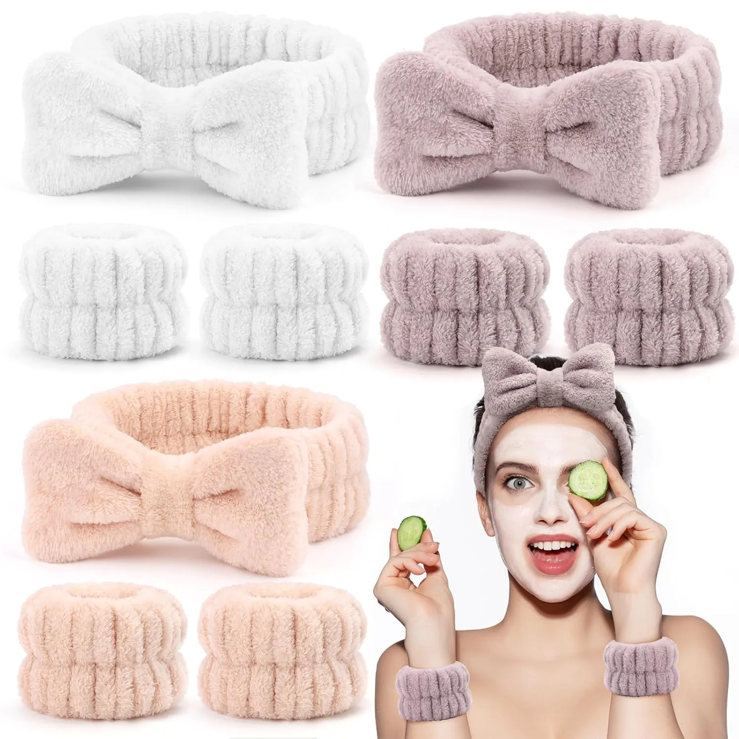 EIMMBD 9 PCS Microfiber Makeup and Spa Headband Wristband Set - Absorbent Sweatbands with Towel Band for Women (Beige White Khaki)