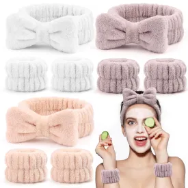 EIMMBD 9 PCS Microfiber Makeup and Spa Headband Wristband Set - Absorbent Sweatbands with Towel Band for Women (Beige White Khaki)