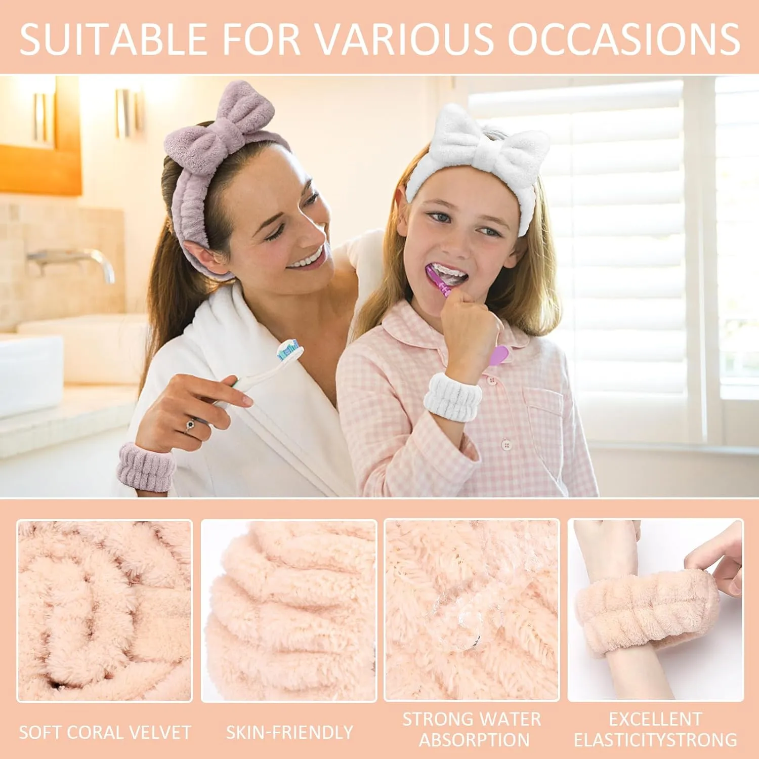 EIMMBD 9 PCS Microfiber Makeup and Spa Headband Wristband Set - Absorbent Sweatbands with Towel Band for Women (Beige White Khaki)