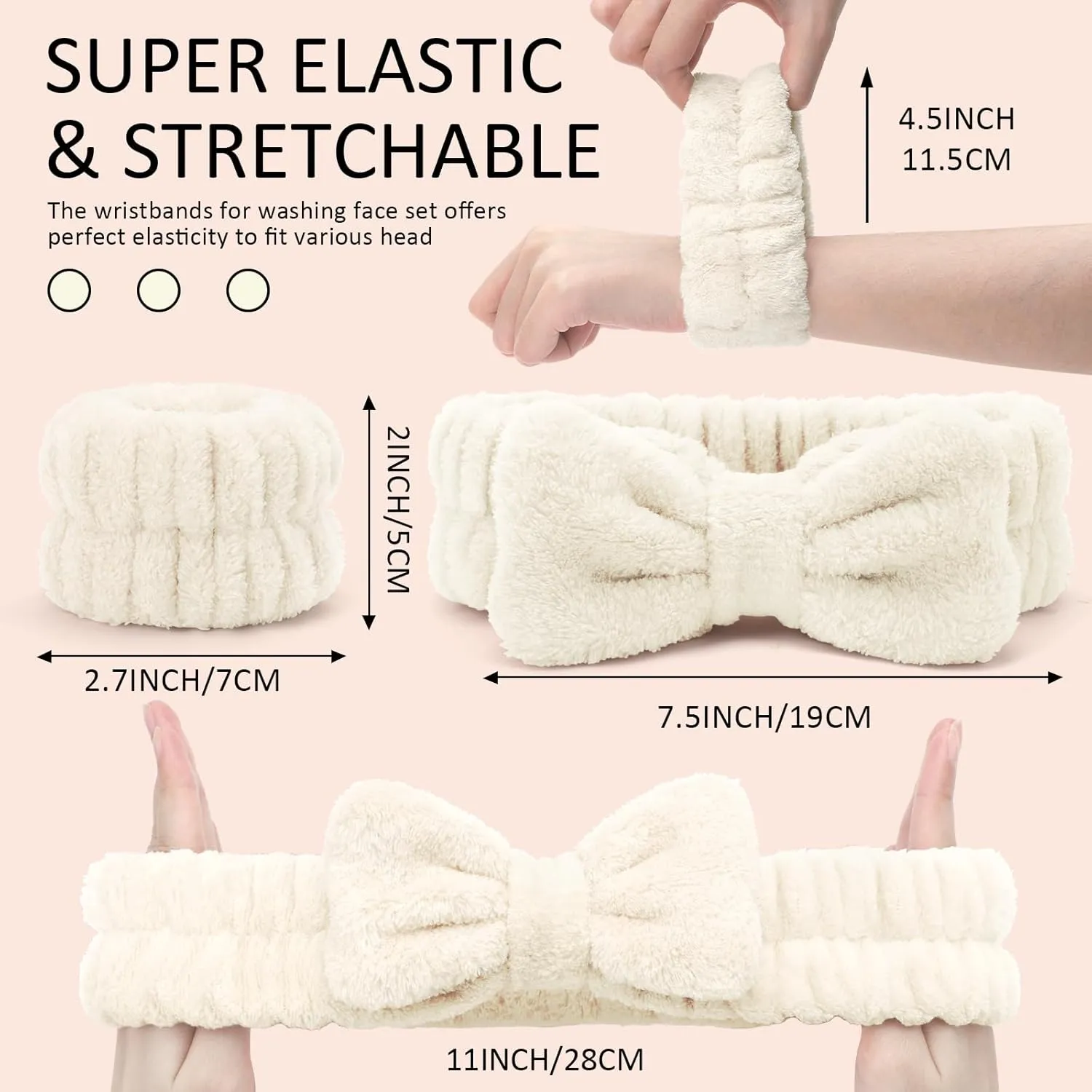 EIMMBD Face Wash Headband and Wristband Set, 9pcs Microfiber Headband and Wrist Towels for Washing Face, Makeup, Sports, Absorbent Wrist Sweatband for Women (Beige)