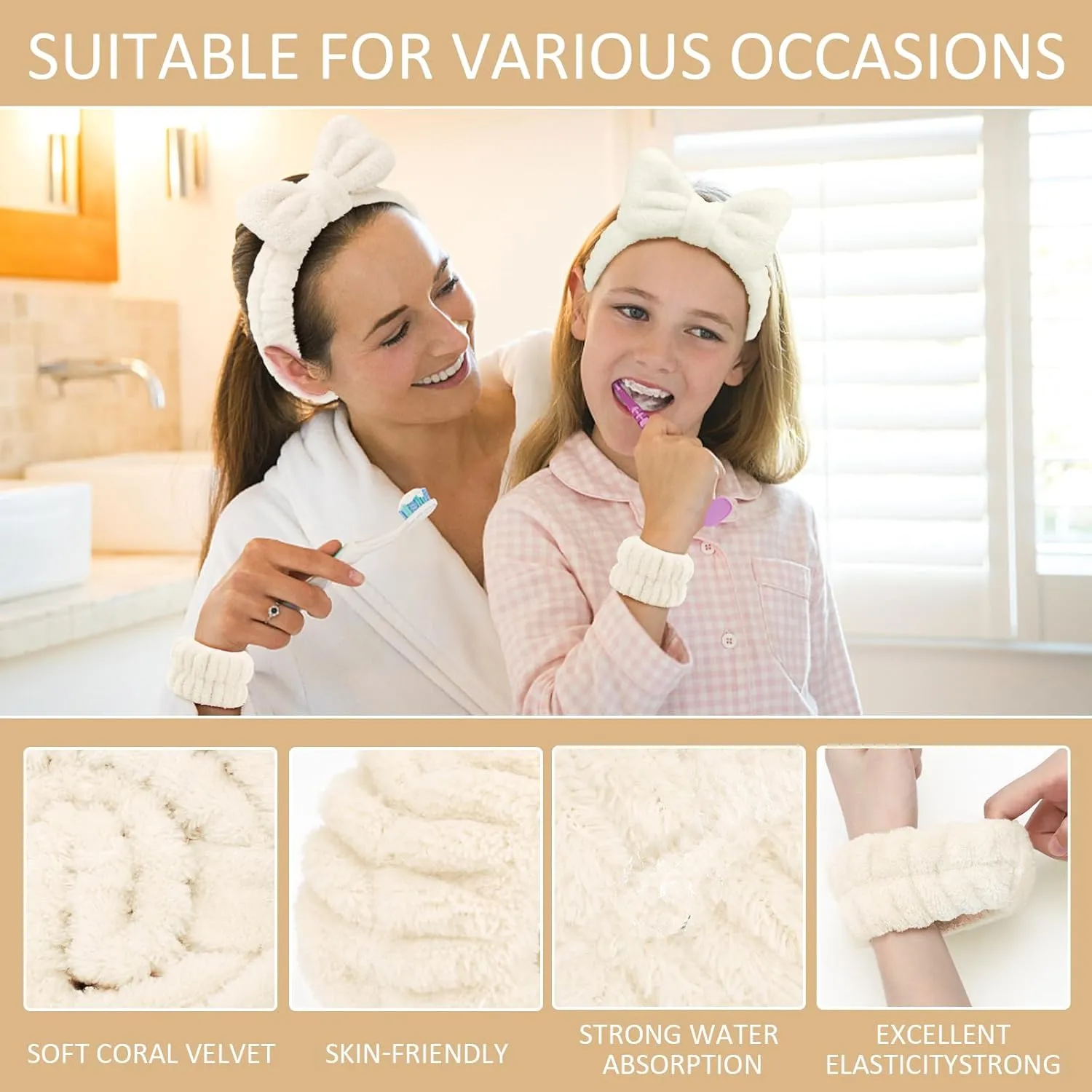 EIMMBD Face Wash Headband and Wristband Set, 9pcs Microfiber Headband and Wrist Towels for Washing Face, Makeup, Sports, Absorbent Wrist Sweatband for Women (Beige)