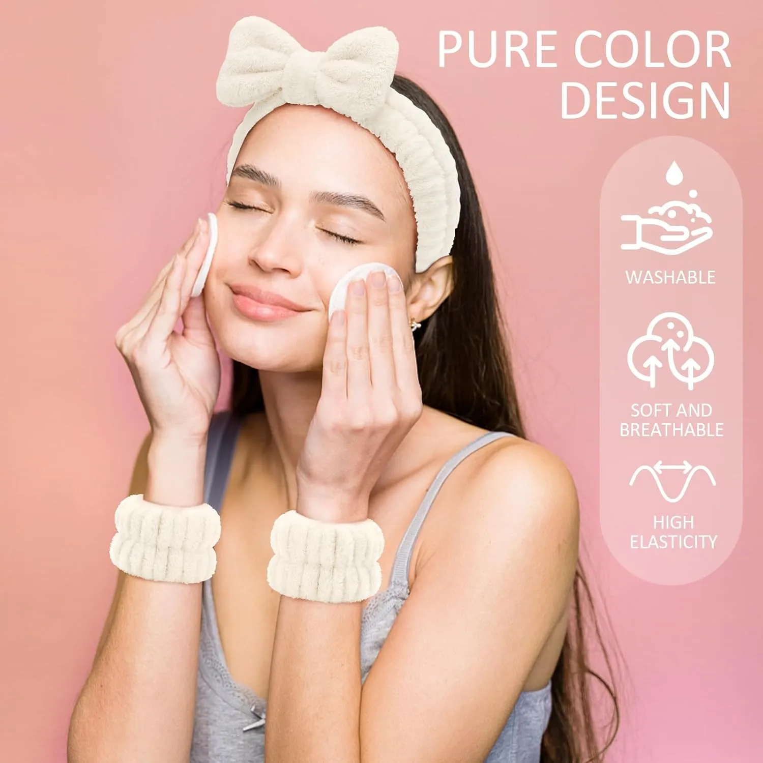 EIMMBD Face Wash Headband and Wristband Set, 9pcs Microfiber Headband and Wrist Towels for Washing Face, Makeup, Sports, Absorbent Wrist Sweatband for Women (Beige)