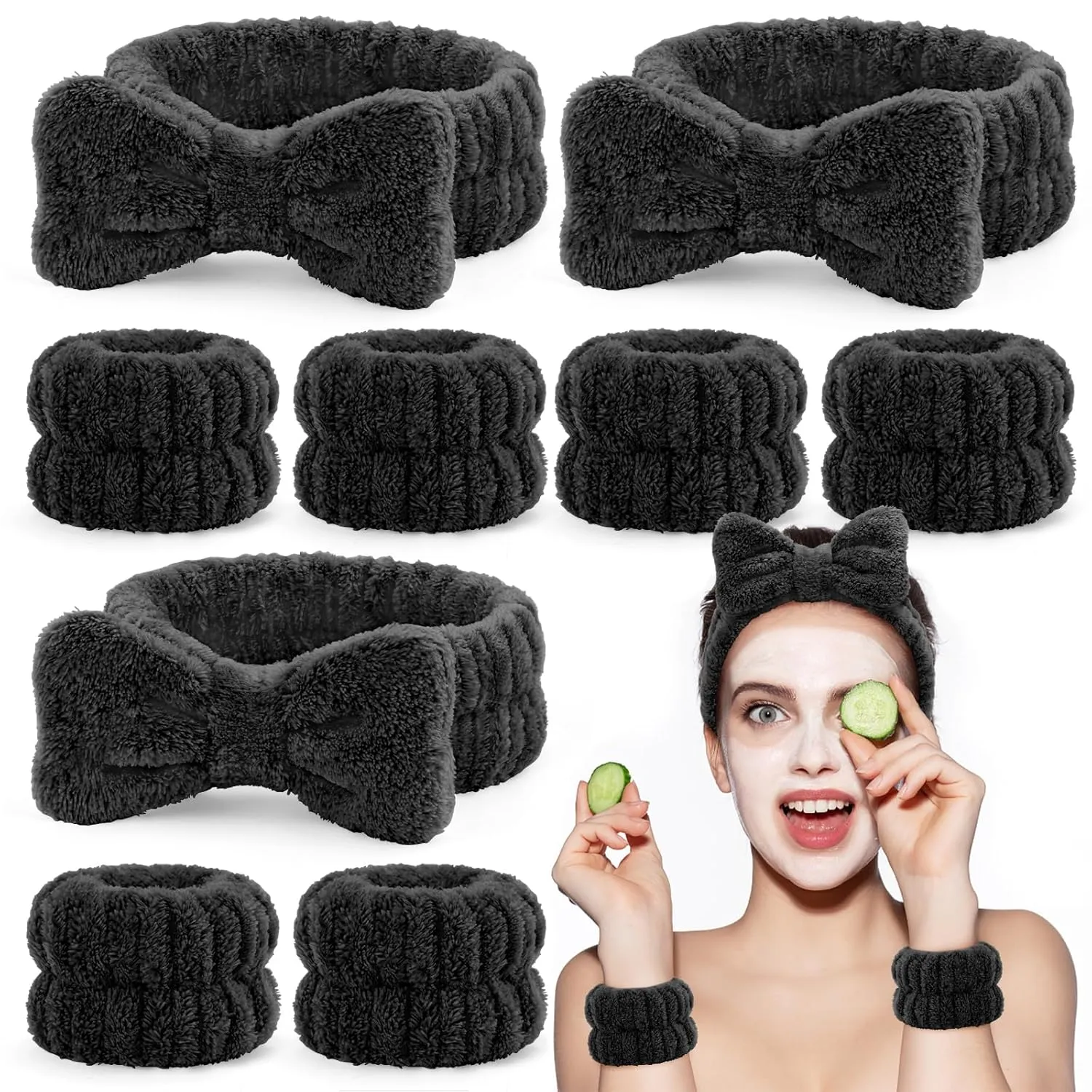 EIMMBD Face Wash Set for Women - Microfiber Wristbands and Headband, Absorbent Sweatbands for Makeup and Spa (Black, 9 PCS)