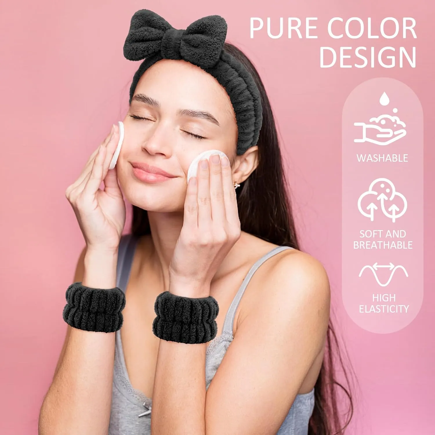 EIMMBD Face Wash Set for Women - Microfiber Wristbands and Headband, Absorbent Sweatbands for Makeup and Spa (Black, 9 PCS)