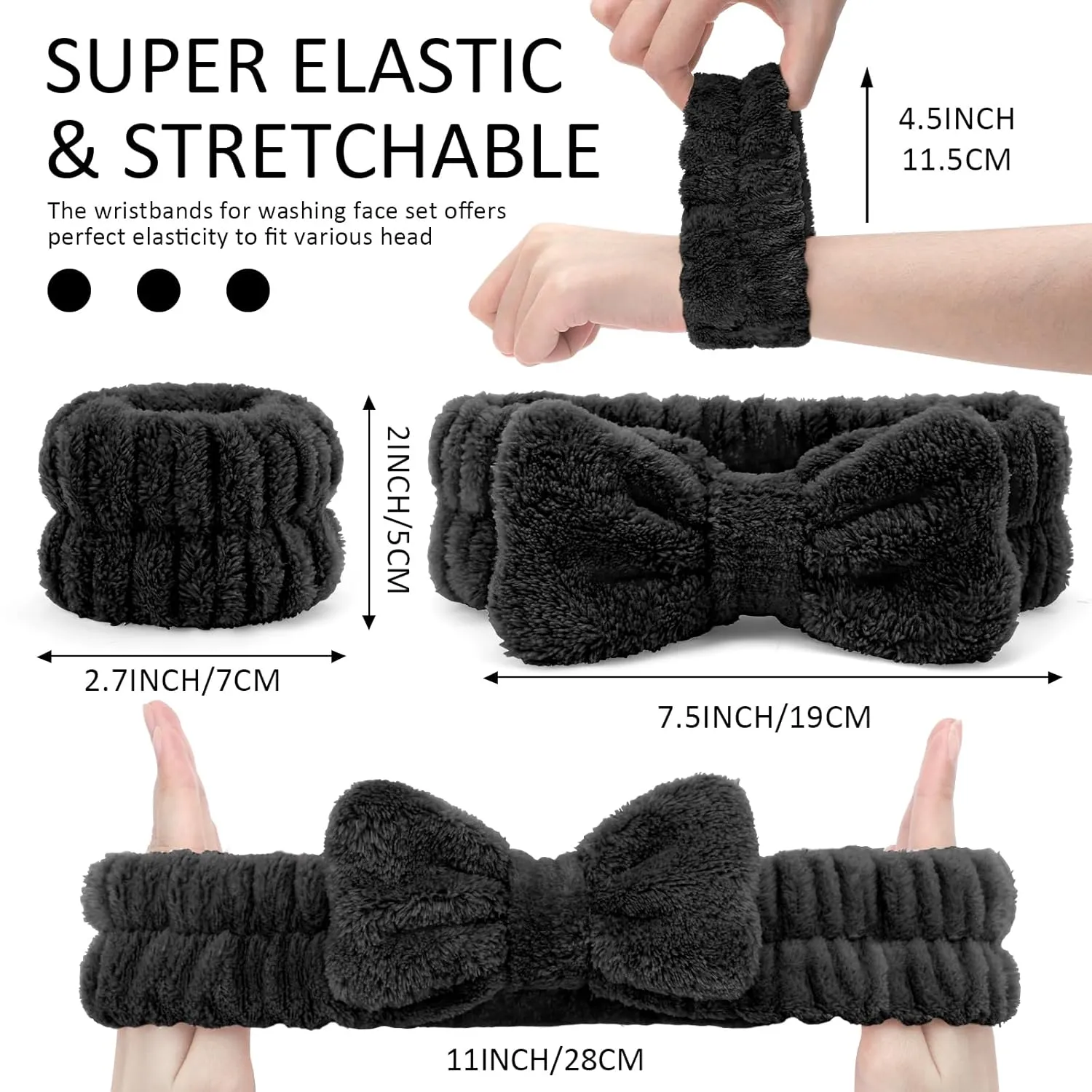 EIMMBD Face Wash Set for Women - Microfiber Wristbands and Headband, Absorbent Sweatbands for Makeup and Spa (Black, 9 PCS)
