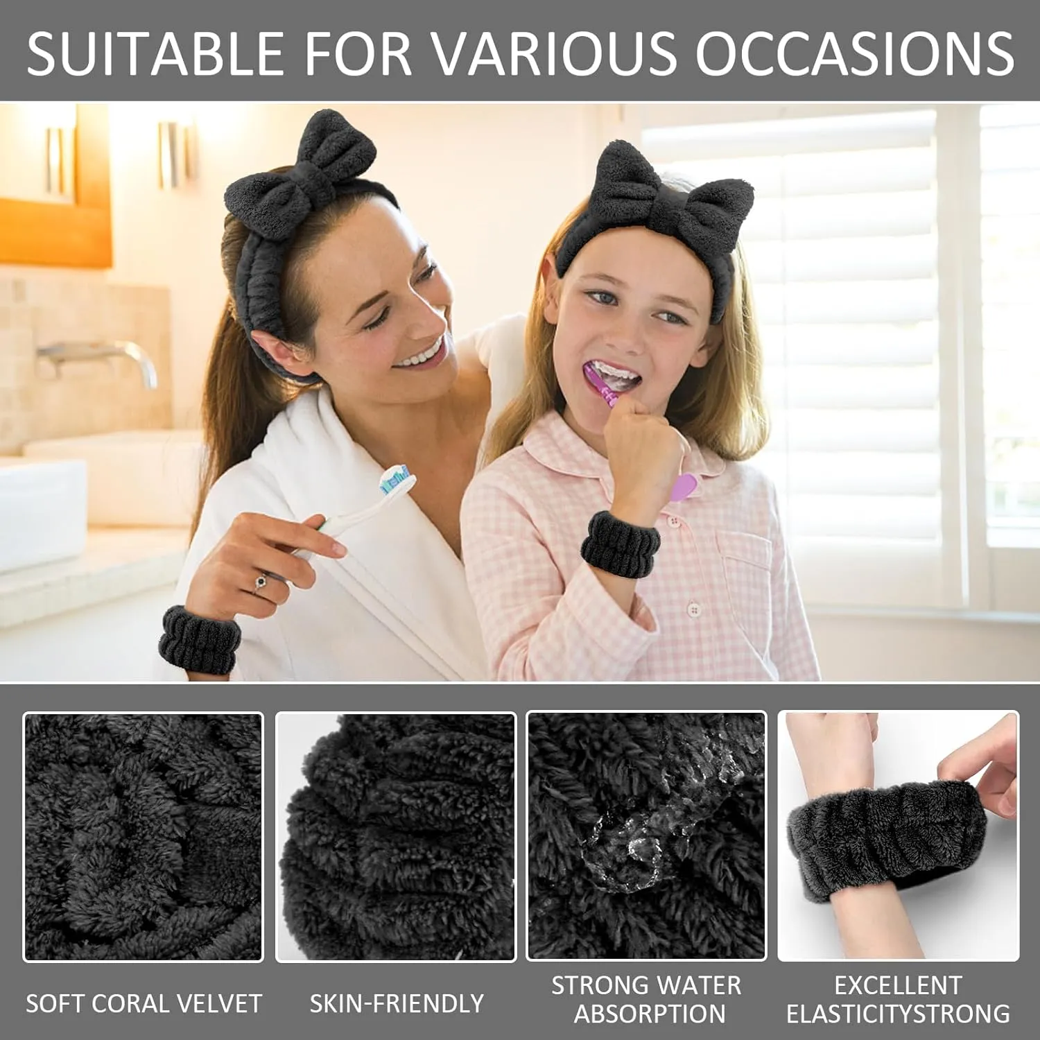 EIMMBD Face Wash Set for Women - Microfiber Wristbands and Headband, Absorbent Sweatbands for Makeup and Spa (Black, 9 PCS)