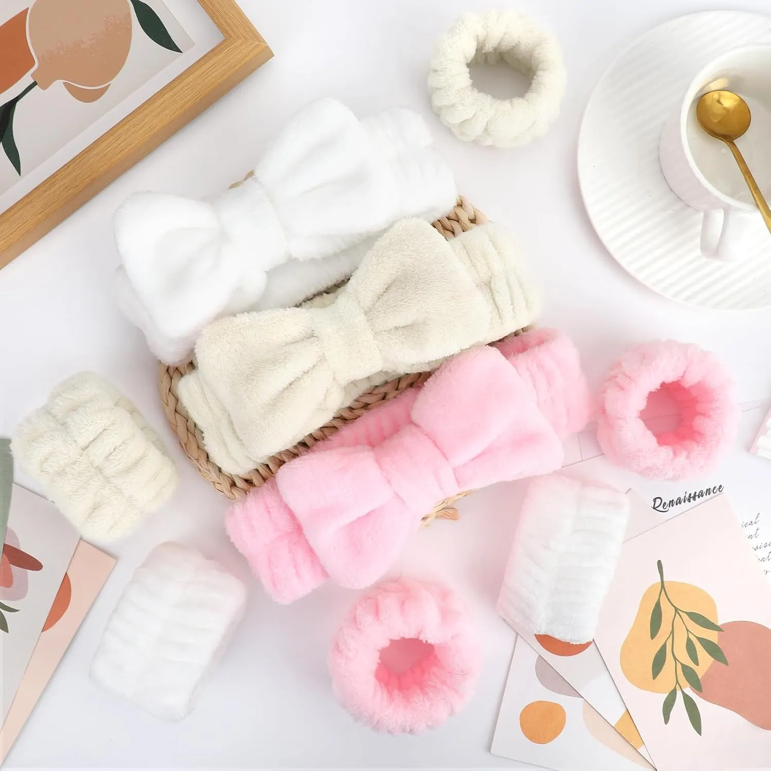 EIMMBD Women's Face Washing Set, 9 PCS Microfiber Headband, Wristbands and Wrist Towels for Makeup and Spa (Pink White)