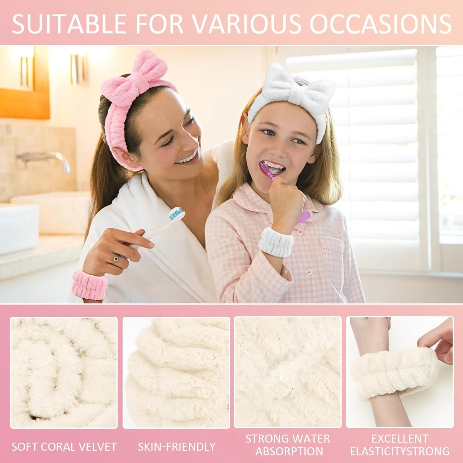 EIMMBD Women's Face Washing Set, 9 PCS Microfiber Headband, Wristbands and Wrist Towels for Makeup and Spa (Pink White)