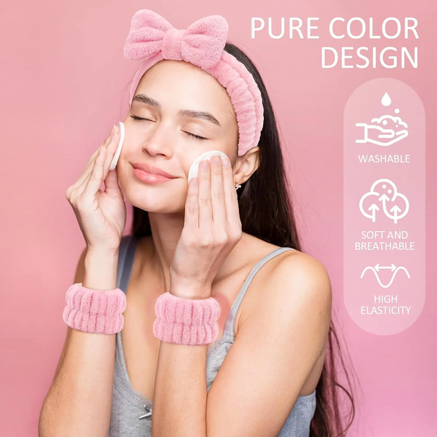 EIMMBD Women's Face Washing Set, 9 PCS Microfiber Headband, Wristbands and Wrist Towels for Makeup and Spa (Pink White)