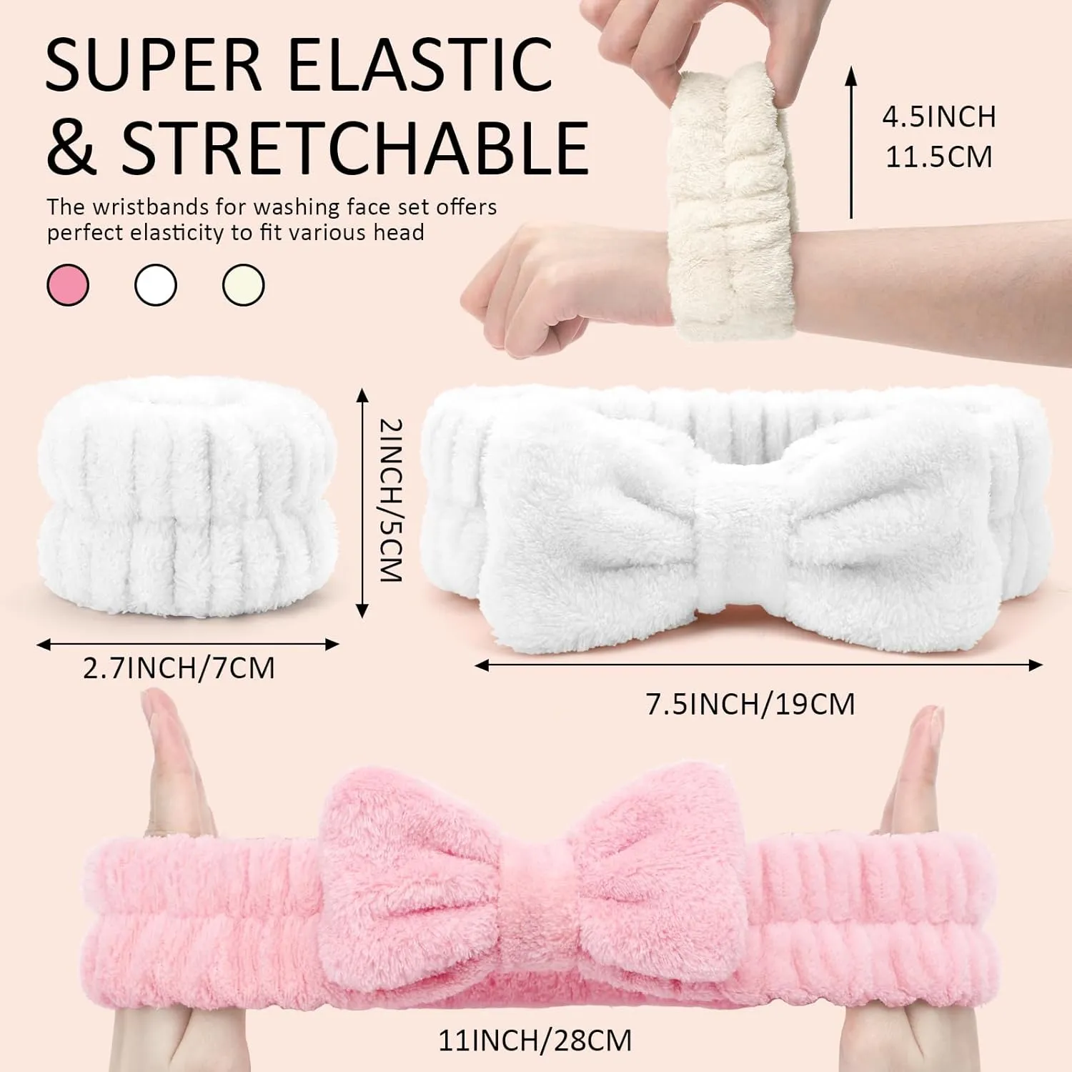 EIMMBD Women's Face Washing Set, 9 PCS Microfiber Headband, Wristbands and Wrist Towels for Makeup and Spa (Pink White)