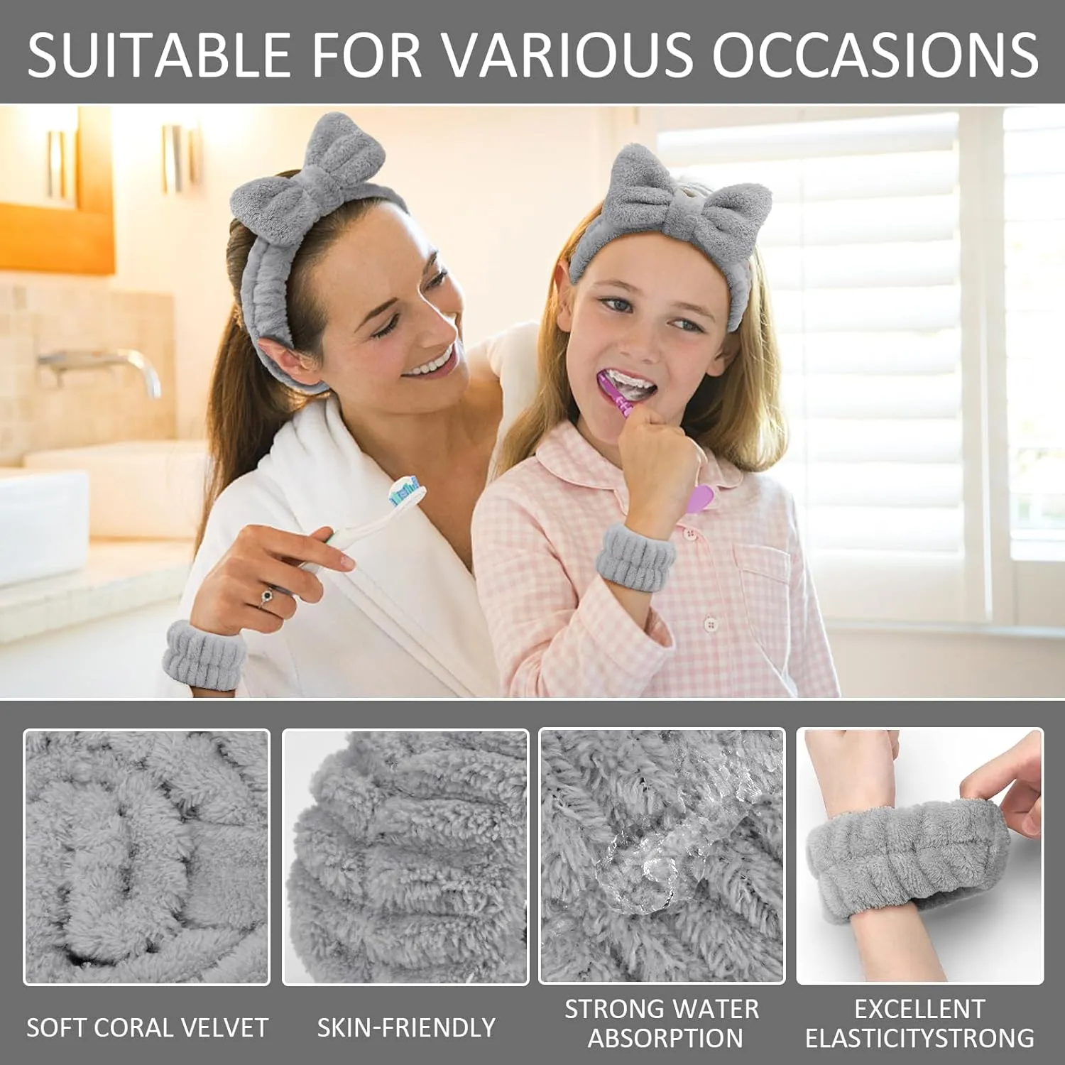 EIMMBD Wrist Towels for Washing Face, Microfiber Face Washing Wristbands Makeup Headband Spa Wash Towel Band Absorbent Wrist Sweatband for Women (Grey, 9 PCS)