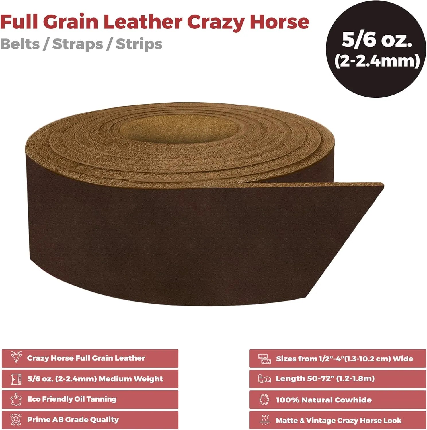 ELW 5-6 oz (2-2.4mm) Bourbon Brown Straps, Belts, Strips 1" Wide X 50" Length (2.5cm x 1.27m) Full Grain Leather Crazy Horse Belt Medium DIY Craft, Pet Collars, Blanks, Accessory, Jewelry, Wrapping