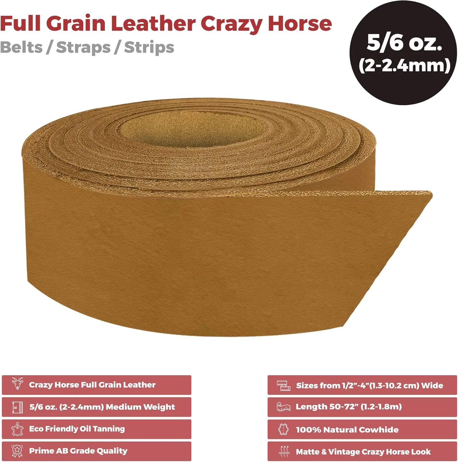 ELW 5-6 oz (2-2.4mm) Tobacco Brown Straps, Belts, Strips 2" Wide X 72" Length (5.1cm x 1.83m) Full Grain Leather Crazy Horse Belt Medium DIY Craft, Pet Collars, Blanks, Accessory, Jewelry, Wrapping