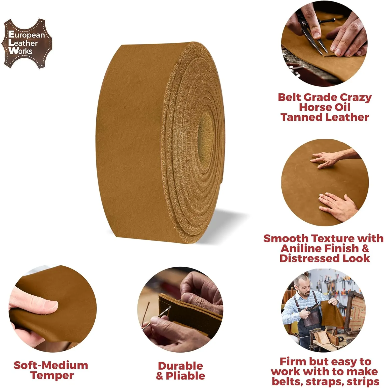 ELW 5-6 oz (2-2.4mm) Tobacco Brown Straps, Belts, Strips 2" Wide X 72" Length (5.1cm x 1.83m) Full Grain Leather Crazy Horse Belt Medium DIY Craft, Pet Collars, Blanks, Accessory, Jewelry, Wrapping