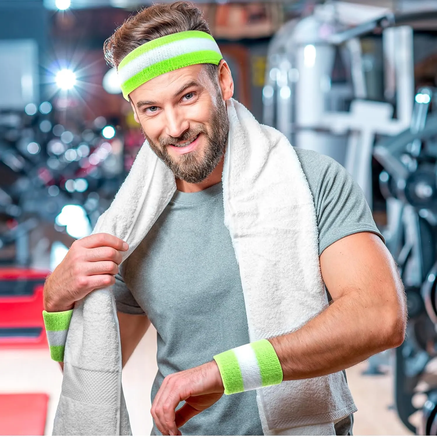Eurzom 36 Pcs Neon Sports Sweatbands Set Include 12 Striped Sweat Absorbing Headbands 24 Wrist Sweatbands Cotton Wristbands for Men Women Gym Tennis