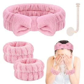 Face Wash Headband Set with Microfiber Wristbands and Holder - Absorbent Spa Wrist Scrunchies for Cleansing