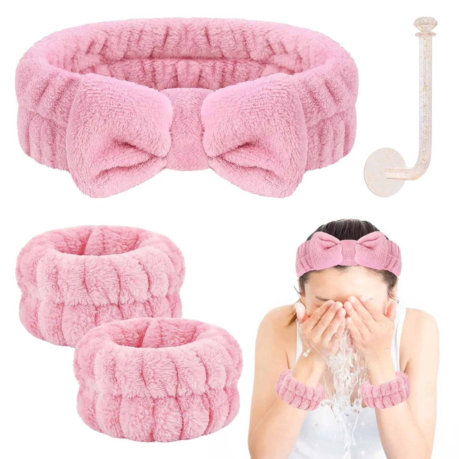 Face Wash Headband Set with Microfiber Wristbands and Holder - Absorbent Spa Wrist Scrunchies for Cleansing