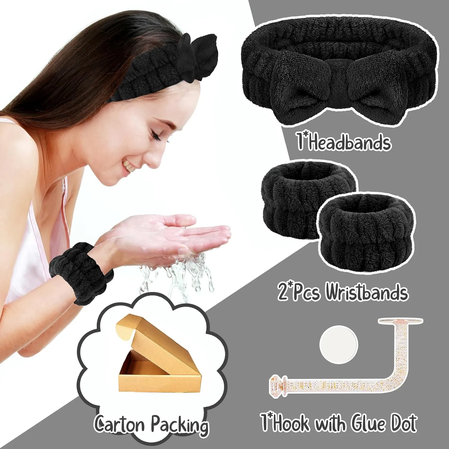 Face Wash Set - Headband, Wristbands with Holder, Microfiber Absorbent Spa Wrist Towels