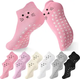 Geyoga 6 Pack Grip Cat Socks for Women Cute Yoga Cat Socks for Girls Non Slip Ankle Supplies for Pilates Dance Workout