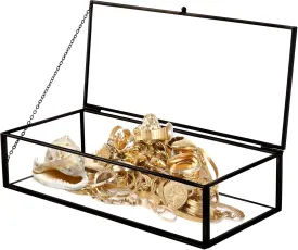 Glass Jewelry Box, Rectangle Decorative Keepsake Box Vintage Glass Box with Lid Jewelry Display Organizer Vanity Box for Storage Trinket Rings Bracelet(Black,9.05x3.94x2.16in)
