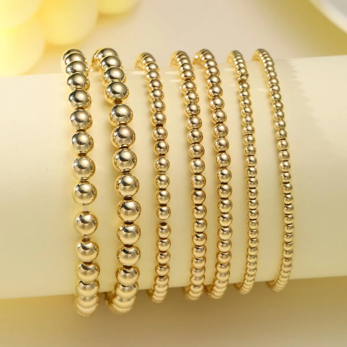 Gold Beaded Bracelets Adjusatable 14K Gold Plated Stackable Bracelets Stretch Bead Ball Bracelet Set for Women 3MM 4MM 6MM 8MM Beads Jewelry
