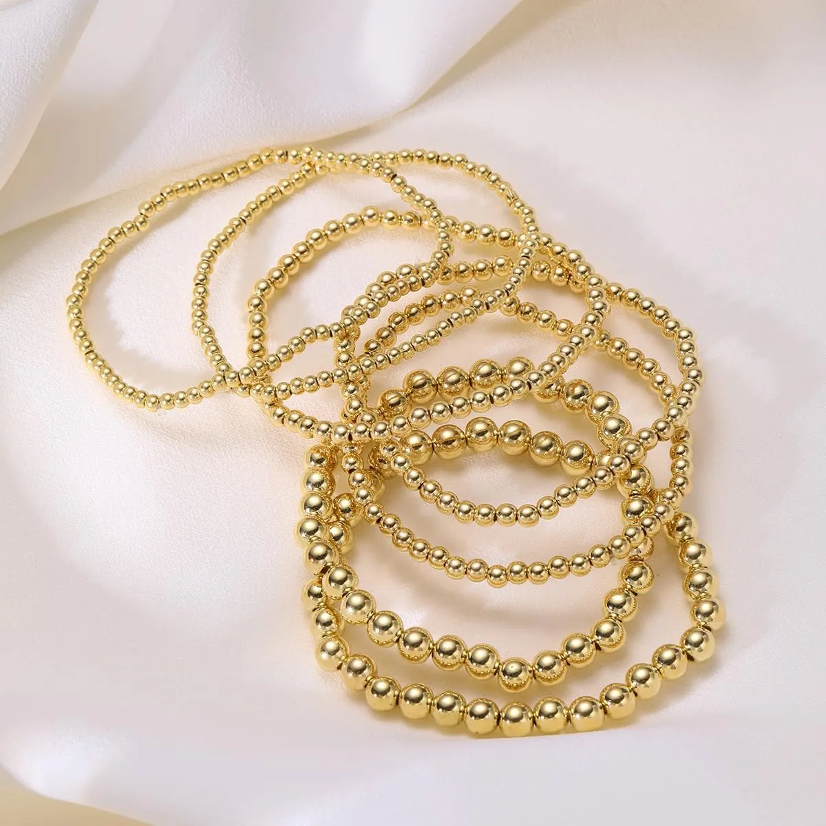 Gold Beaded Bracelets Adjusatable 14K Gold Plated Stackable Bracelets Stretch Bead Ball Bracelet Set for Women 3MM 4MM 6MM 8MM Beads Jewelry