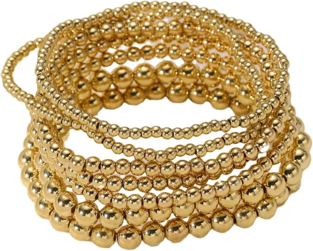 Gold Beaded Bracelets Adjusatable 14K Gold Plated Stackable Bracelets Stretch Bead Ball Bracelet Set for Women 3MM 4MM 6MM 8MM Beads Jewelry