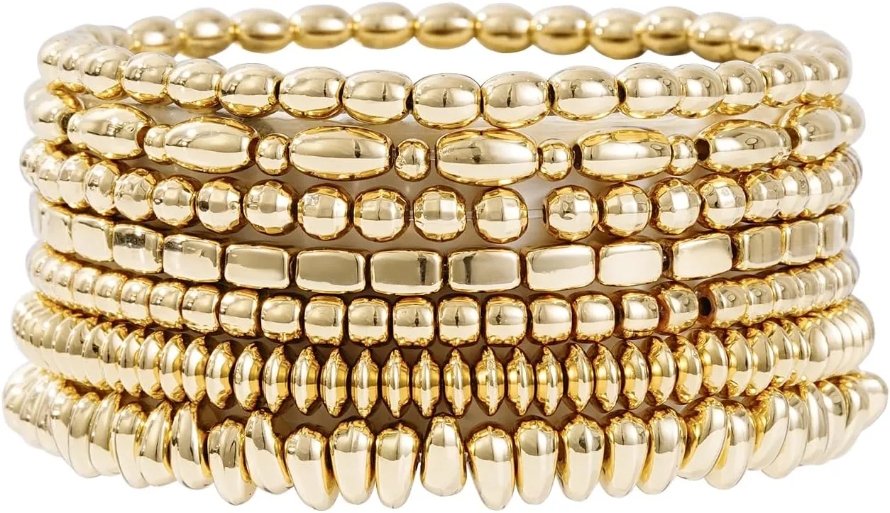 Gold Beaded Bracelets for Women Trendy, 14K Gold Plated Stack Cross Pearl Gold Bead Stretch Bracelets Set Elastic Hypoallergenic Bracelets Jewelry Gifts