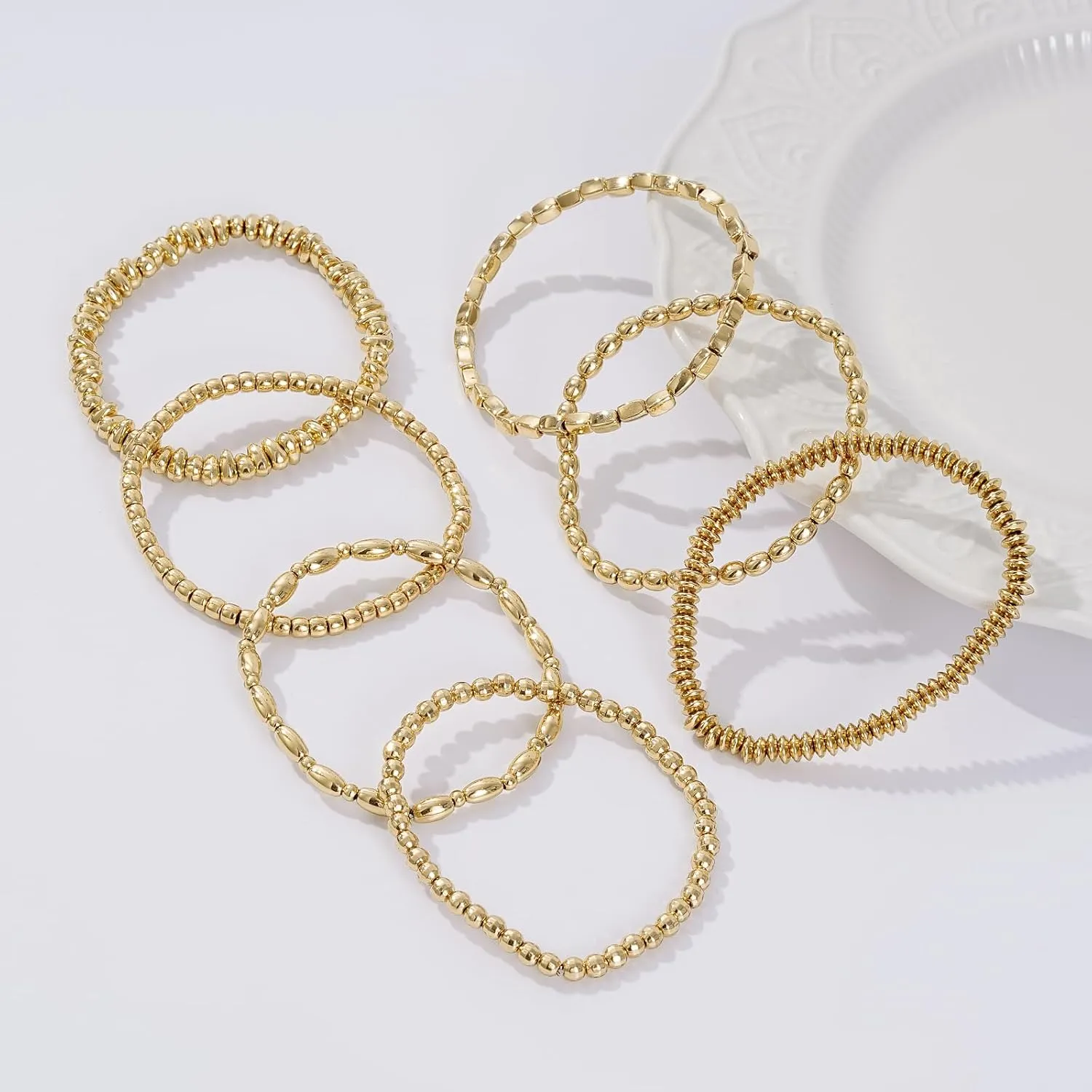 Gold Beaded Bracelets for Women Trendy, 14K Gold Plated Stack Cross Pearl Gold Bead Stretch Bracelets Set Elastic Hypoallergenic Bracelets Jewelry Gifts