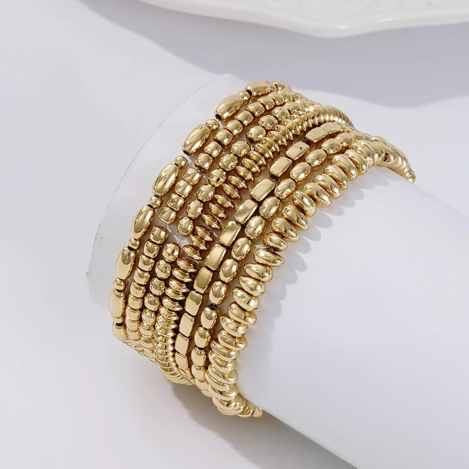 Gold Beaded Bracelets for Women Trendy, 14K Gold Plated Stack Cross Pearl Gold Bead Stretch Bracelets Set Elastic Hypoallergenic Bracelets Jewelry Gifts