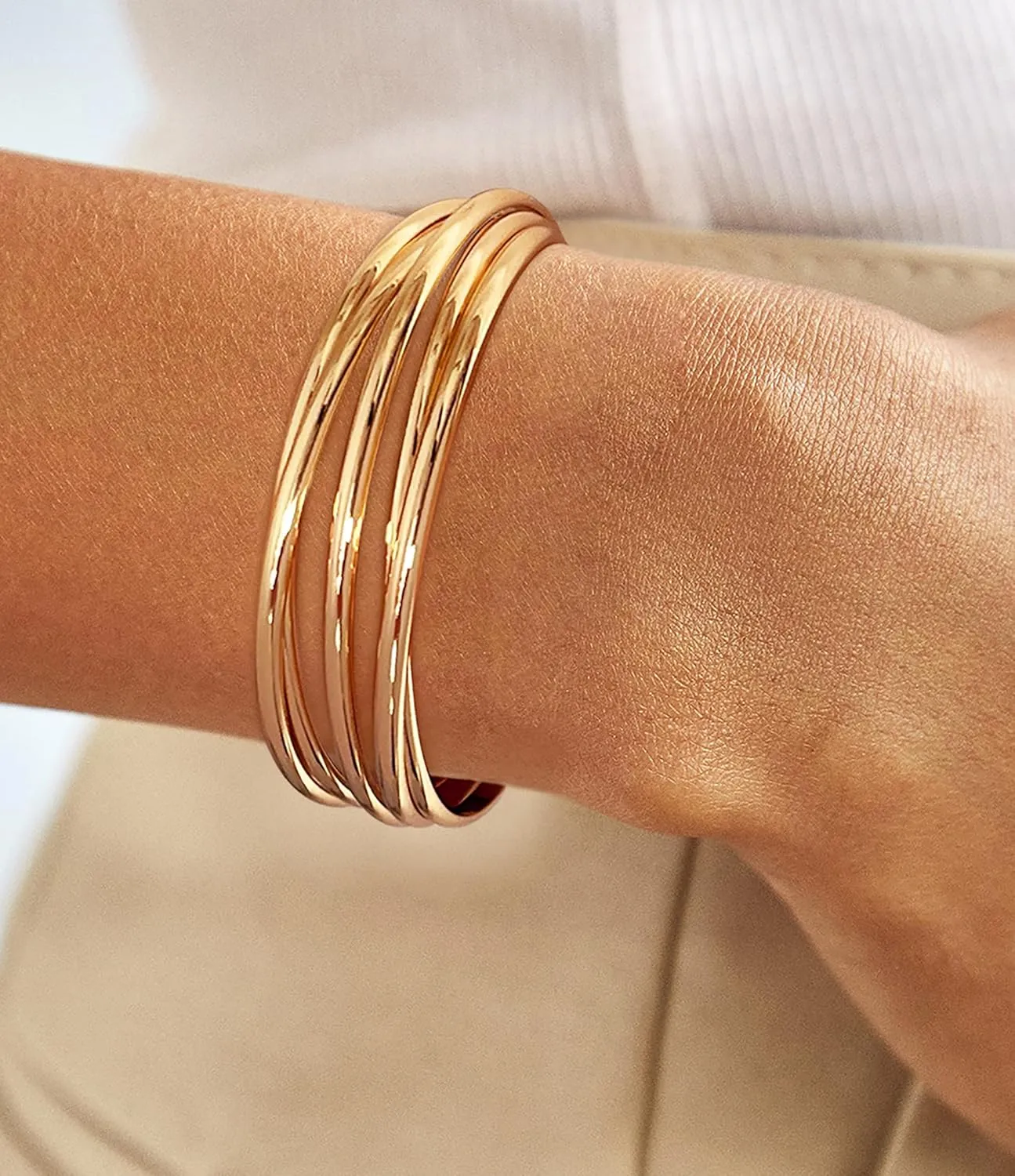 Gold Cuff Bracelet for Women Chunky Multi-layer Cross Wire Open Bracelet Hollow Wide Cuff Bracelets Adjustable Gold Open Cuff Bangle Bracelet