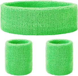 GORGECRAFT 3Pcs Neon Sports Headband Wristband Set Sports Competitions Sweatbands Breathable Terry Cloth Athletic Bands Wicking Sweat Absorbing Head Wrist Band for Men Women (Lime Green)
